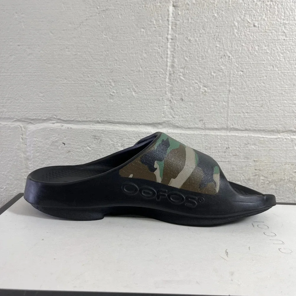 Oofos OOahh Sport Flex Black Green Camo Recovery Slide Sandals Mens 6 Womens 8